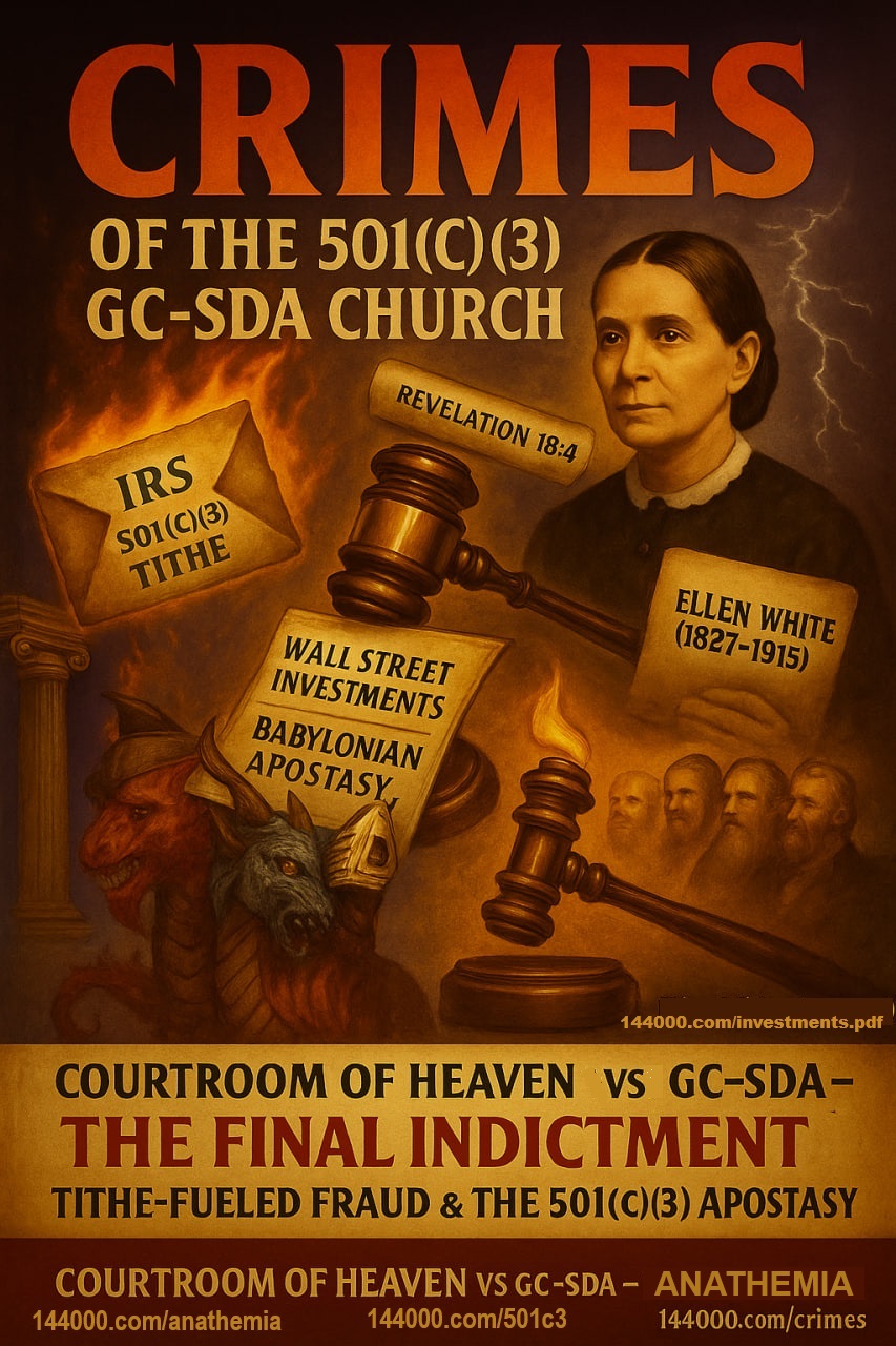 Protestant Adventist Reformation exposure of GC-SDA 501(c)(3) crimes — fake Protestant identity, IRS tithe laundering, Wall Street Sabbath-breaking investments, and religious fraud exposed in shocking satirical poster. General Conference Seventh-day Adventist church leaders indicted for apostasy and spiritual betrayal. Learn the full indictment at 144000.com/anathema.