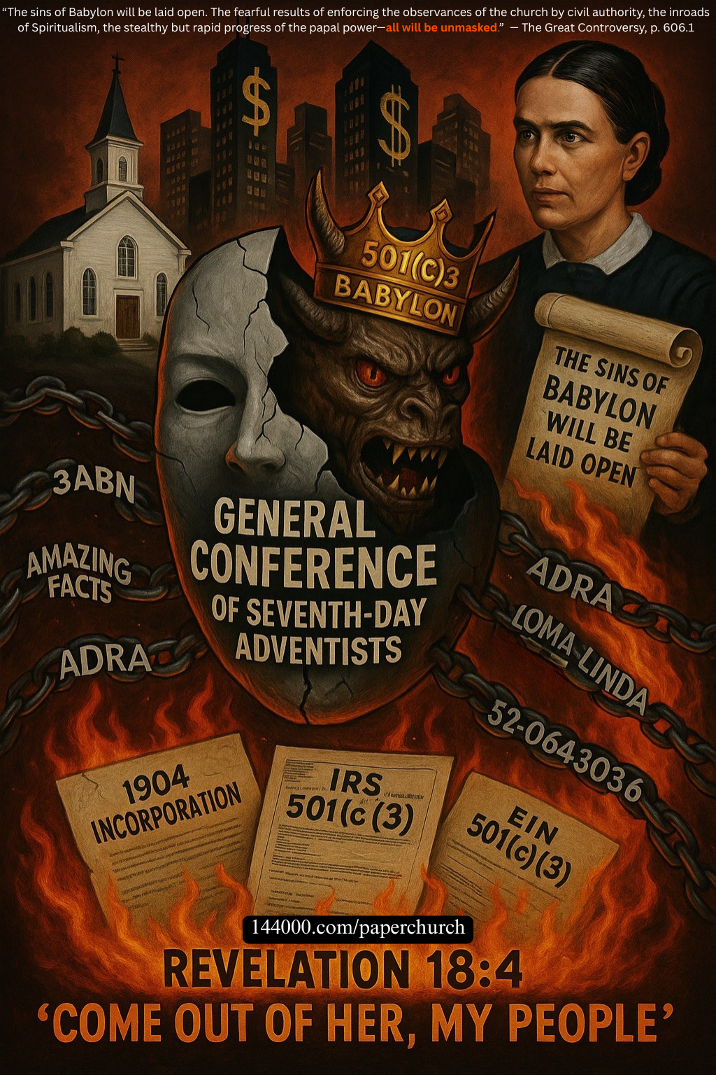 Prophetic artwork exposing the General Conference of Seventh-day Adventists as a 501(c)(3) Babylonian corporation—wearing a church mask, chained to IRS laws, investing tithes in Babylon, and fulfilling Revelation 18:4