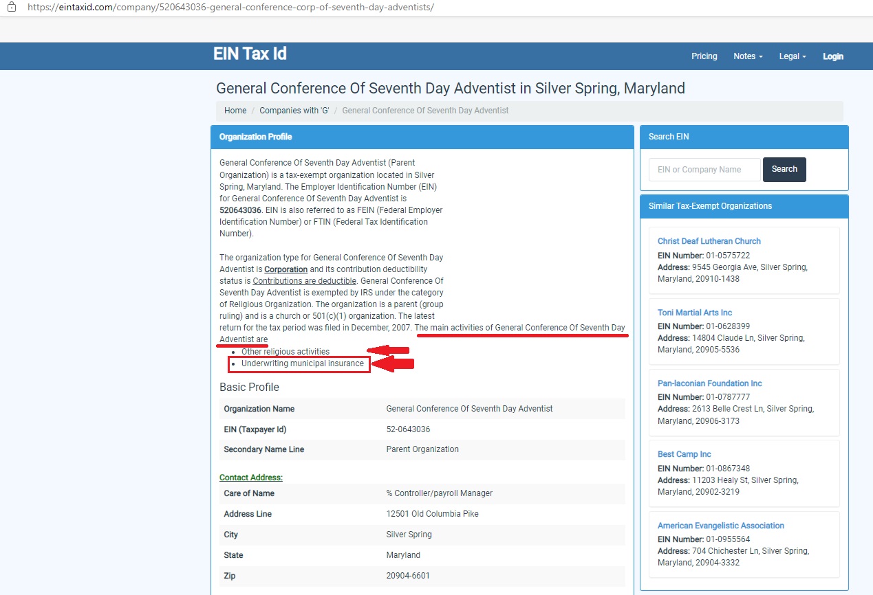 General Conference SDA Underwrites Municipal Insurance for Cities and Governments – Exposing the 501(c)(3) Corporation as a Financial Entity Aligned with Babylon – PDF and EIN Proof – Tithe Profiting from Sabbath-breaking and Legal Risk Schemes