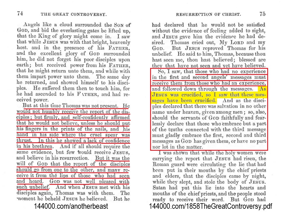 Page 75 of the 1858 edition of The Great Controversy highlighting Ellen White's warning that rejecting the first, second, and third angels' messages—given from 1841 to 1850—is equivalent to crucifying Christ afresh. Includes a powerful call to embrace all the foundational 1841-1850 3 angel's messages, the Adventist truths Revelation 14:6-12 or be found without Christ. Links to 144000.com/anotherbeast and 144000.com/1858TheGreatControversy.pdf.