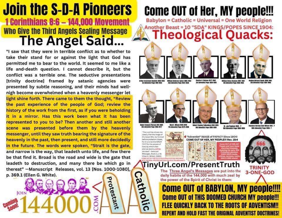 SDA Pioneers Expose 501(c)(3) Catholic General Conference as Babylon – Protestant Adventists Warn to Flee the Corporate Trademarked Image of the Beast and Return to the Original Sealing Truths from 1841 to 1850 – Trinity Doctrine Rejected – Come Out of Her My People Revelation 18:4