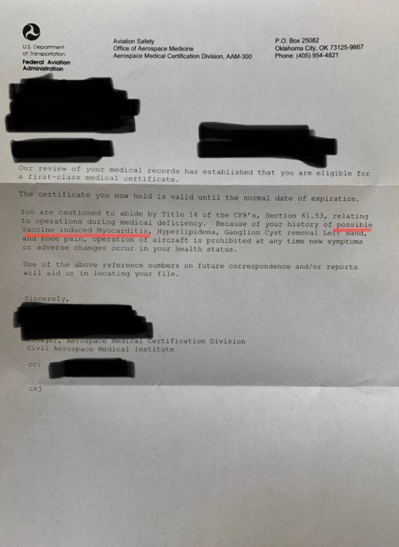 FAA Document Acknowledging Vaccine-Induced Myocarditis in Pilot